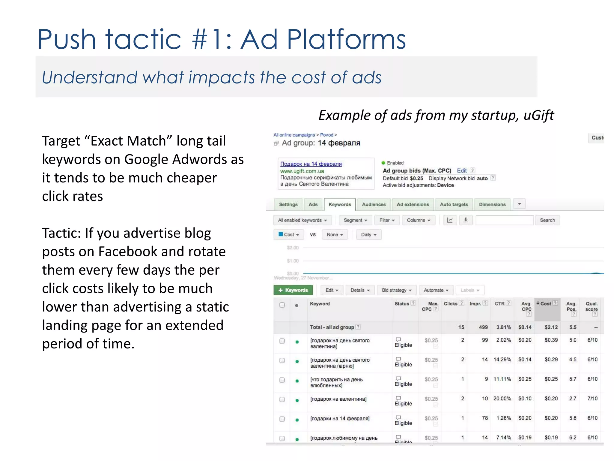 Push tactic #1: Ad Platforms
Understand what impacts the cost of ads
Example of ads from my startup, uGift
Target “Exact Match” long tail
keywords on Google Adwords as
it tends to be much cheaper
click rates
Tactic: If you advertise blog
posts on Facebook and rotate
them every few days the per
click costs likely to be much
lower than advertising a static
landing page for an extended
period of time.

 