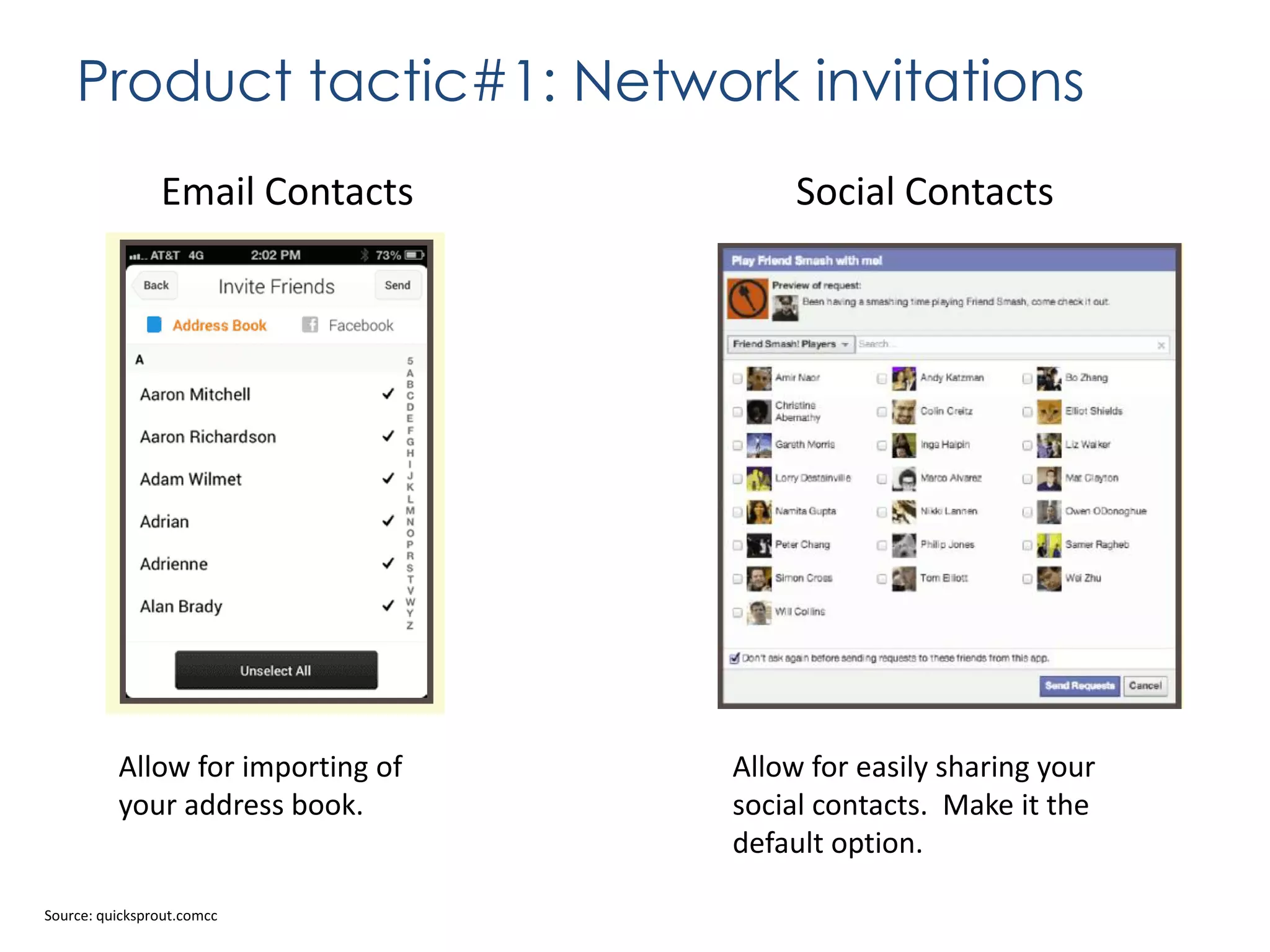 Product tactic#1: Network invitations
Email Contacts

Allow for importing of
your address book.

Source: quicksprout.comcc

Social Contacts

Allow for easily sharing your
social contacts. Make it the
default option.

 