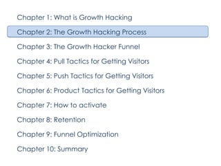 Chapter 1: What is Growth Hacking
Chapter 2: The Growth Hacking Process
Chapter 3: The Growth Hacker Funnel
Chapter 4: Pull Tactics for Getting Visitors
Chapter 5: Push Tactics for Getting Visitors
Chapter 6: Product Tactics for Getting Visitors
Chapter 7: How to activate
Chapter 8: Retention
Chapter 9: Funnel Optimization
Chapter 10: Summary

 