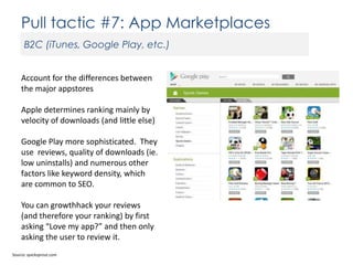 Pull tactic #7: App Marketplaces
B2C (iTunes, Google Play, etc.)
Account for the differences between
the major appstores
Apple determines ranking mainly by
velocity of downloads (and little else)
Google Play more sophisticated. They
use reviews, quality of downloads (ie.
low uninstalls) and numerous other
factors like keyword density, which
are common to SEO.
You can growthhack your reviews
(and therefore your ranking) by first
asking “Love my app?” and then only
asking the user to review it.
Source: quicksprout.com

 