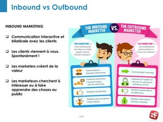 - 11 -
Inbound vs Outbound
INBOUND MARKETING
 Communication interactive et
bilatérale avec les clients
 Les clients viennent à vous.
Spontanément !
 Les marketers créent de la
valeur
 Les marketeurs cherchent à
intéresser ou à faire
apprendre des choses au
public
 