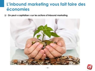 - 18 -
L’inbound marketing vous fait faire des
économies
 On peut « capitaliser » sur les actions d’inbound marketing
 