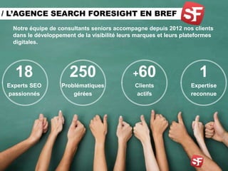 - 4 -
Notre équipe de consultants seniors accompagne depuis 2012 nos clients
dans le développement de la visibilité leurs marques et leurs plateformes
digitales.
/ L’AGENCE SEARCH FORESIGHT EN BREF
18
Experts SEO
passionnés
250
Problématiques
gérées
+60
Clients
actifs
1
Expertise
reconnue
 