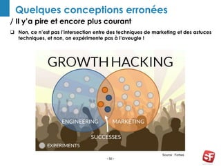 / Il y’a pire et encore plus courant
- 50 -
Quelques conceptions erronées
 Non, ce n’est pas l’intersection entre des techniques de marketing et des astuces
techniques, et non, on expérimente pas à l’aveugle !
Source : Forbes
 