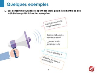 8
Quelques exemples
 Les consommateurs développent des stratégies d’évitement face aux
sollicitations publicitaires des entreprises
Desinscription des
newletter email
44% des mails
jamais ouverts
 