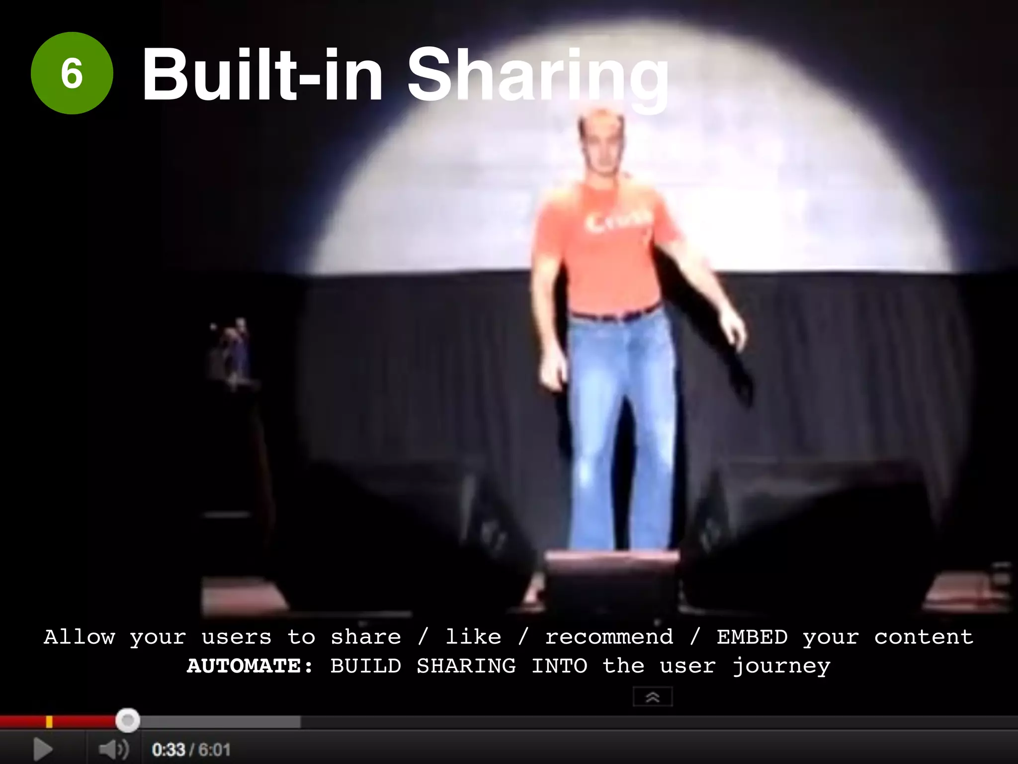 7 Distribution Automation 
• AUTOMATE: Retrofit other large 
markets to work with your site in a way 
beneficial to users.! 
• AirBNB / Craigslist! 
• Craigslist actively prohibits this sort of 
thing now but I bet there’s some 
regional incumbent that will be slow 
in closing any loophole you exploit!! 
• Big companies can’t get away with 
this. Do this before you get big. 
Air BNB 
Famously created a “Post to Craigslist” feature 
despite there not being an official API, in order to 
gain initial traction 
Ex 
Actionable Growth Hacking Tactics by @yongfook 
 