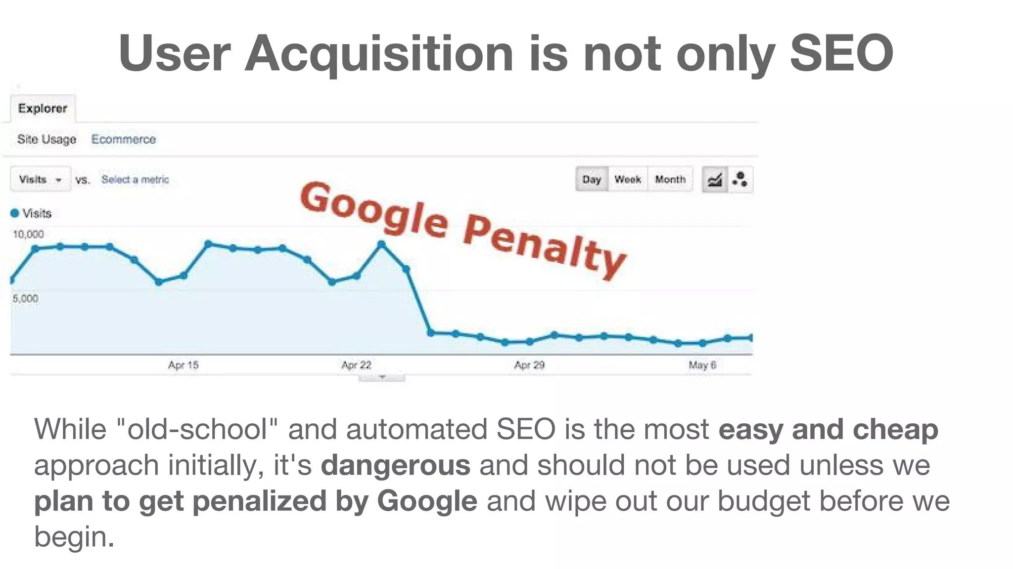 User Acquisition is not only SEO 
While "old-school" and automated SEO is the most easy and cheap 
approach initially, it's dangerous and should not be used unless we 
plan to get penalized by Google and wipe out our budget before we 
begin. 
 
