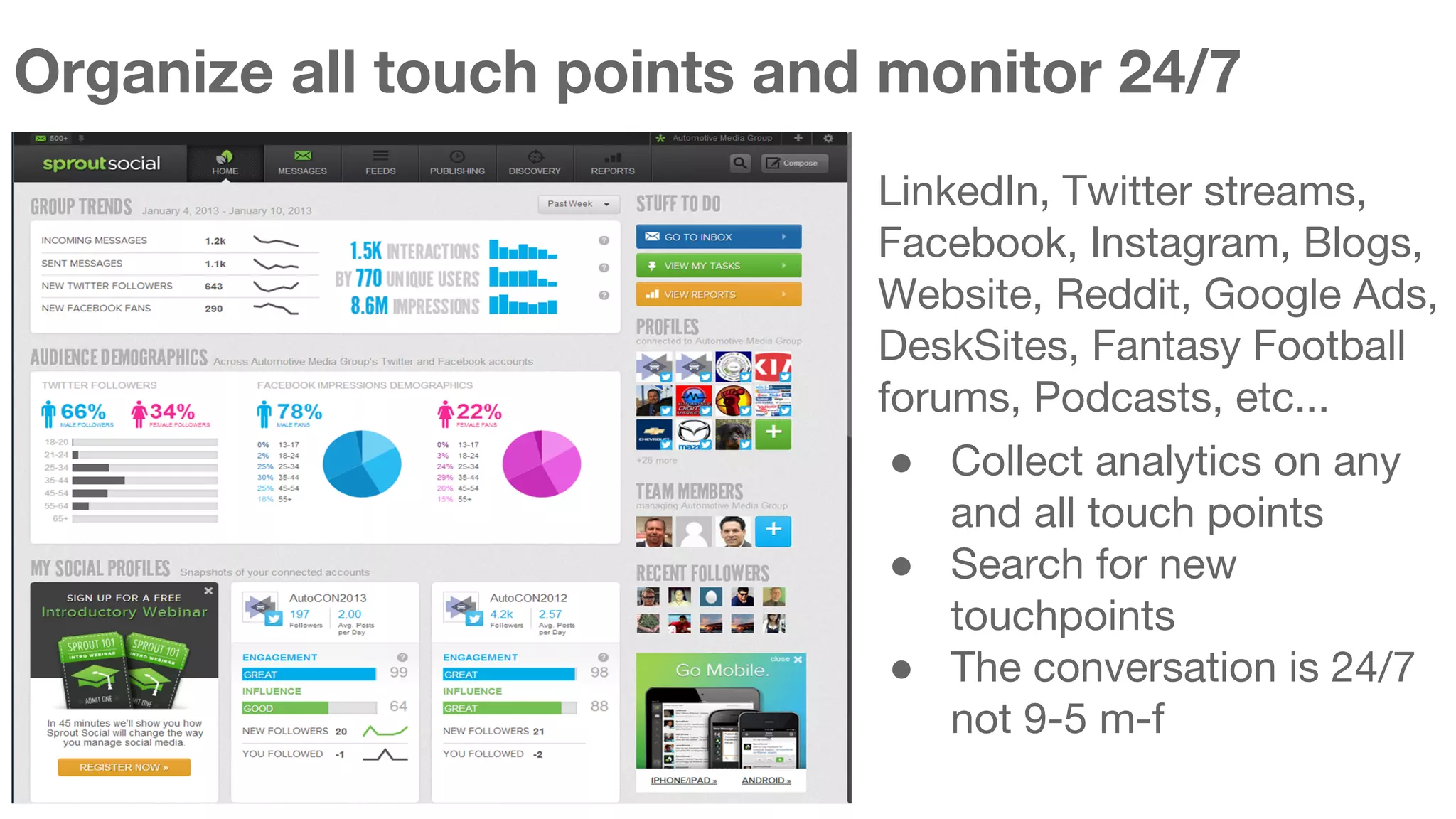 Organize all touch points and monitor 24/7 
LinkedIn, Twitter streams, 
Facebook, Instagram, Blogs, 
Website, Reddit, Google Ads, 
DeskSites, Fantasy Football 
forums, Podcasts, etc... 
● Collect analytics on any 
and all touch points 
● Search for new 
touchpoints 
● The conversation is 24/7 
not 9-5 m-f 
 