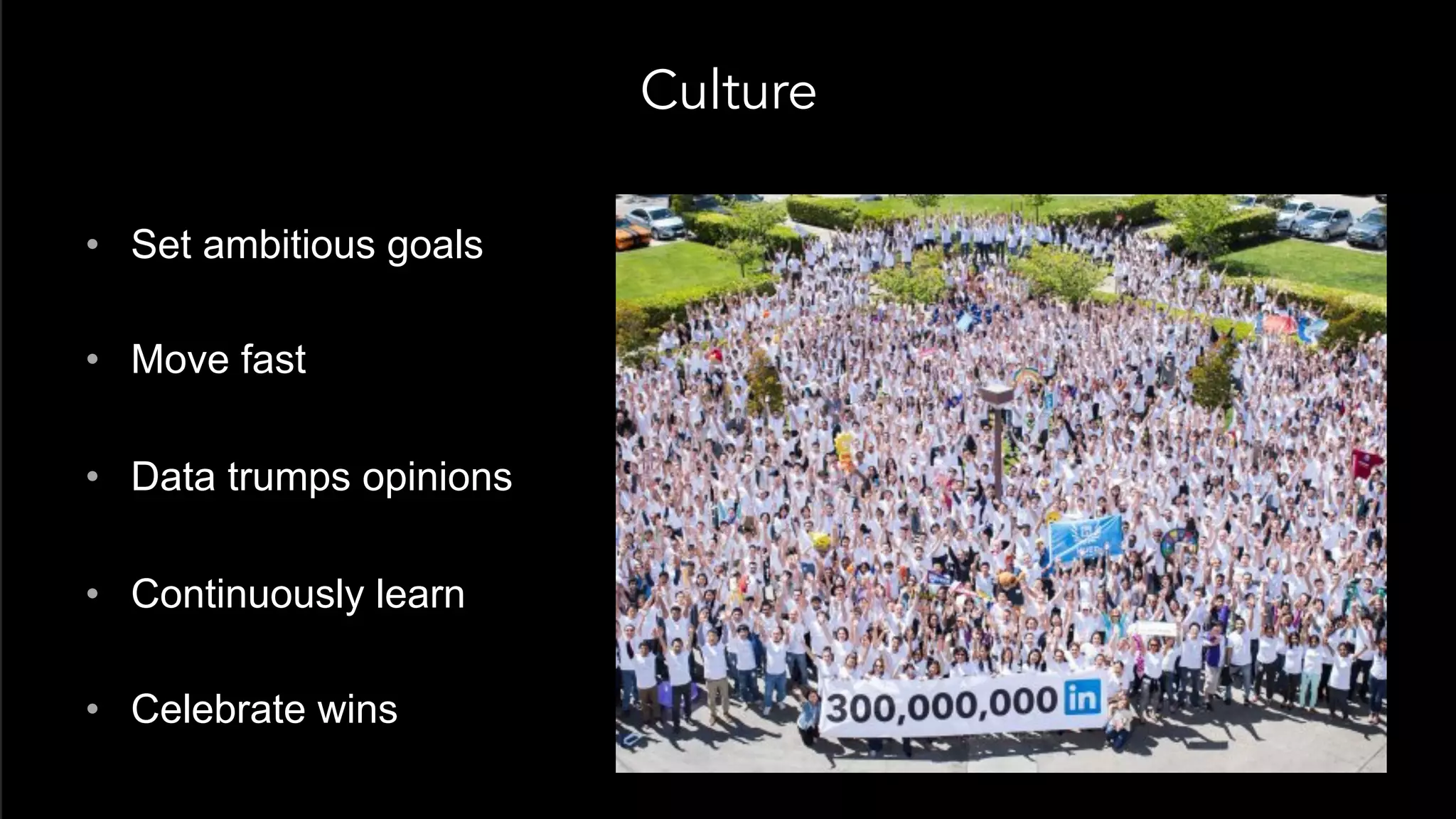 Culture
•  Set ambitious goals
•  Move fast
•  Data trumps opinions
•  Continuously learn
•  Celebrate wins
 