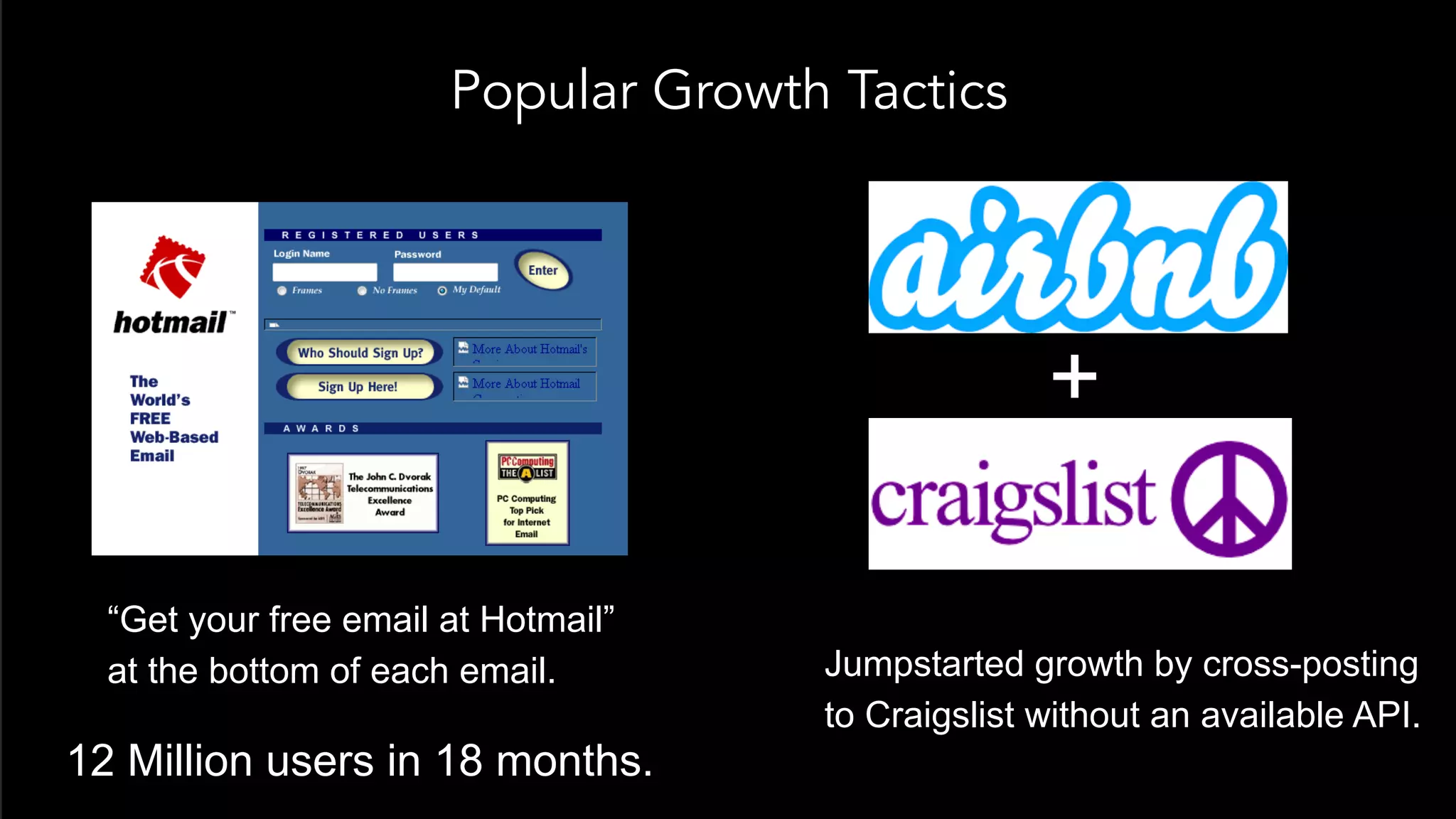 Popular Growth Tactics
+
“Get your free email at Hotmail”
at the bottom of each email.
12 Million users in 18 months.
Jumpstarted growth by cross-posting
to Craigslist without an available API.
 