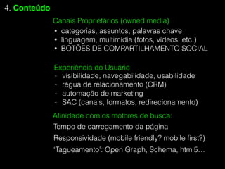 Canais Proprietários (owned media)
Experiência do Usuário
- visibilidade, navegabilidade, usabilidade
- régua de relacionamento (CRM)
- automação de marketing
- SAC (canais, formatos, redirecionamento)
4. Conteúdo
• categorias, assuntos, palavras chave
• linguagem, multimídia (fotos, vídeos, etc.)
• BOTÕES DE COMPARTILHAMENTO SOCIAL
Aﬁnidade com os motores de busca:
Responsividade (mobile friendly? mobile ﬁrst?)
Tempo de carregamento da página
‘Tagueamento’: Open Graph, Schema, html5…
 