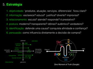 5. identiﬁcação: defende uma causa? conquista aﬁnidade e conﬁança?
4. postura: moderno? transparente? idôneo? autêntico? verdadeiro?
1. objetividade: ‘produtos, atuação, serviços, diferenciais’. ﬁcou claro?
2. informação: esclarece? educa? justiﬁca? diverte? improvisa?
3. relacionamento: escuta? atende? responde? é prestativo?
5. Estratégia
6. persuasão: como inﬂuencia diretamente a decisão de compra?
pessoal
genérico
interação  
rápida
interações
recorrentes
ou longas
campanhas
customer
service
redes
sociais
Zero Moment of Truth (Google) 
buscas na web
(descoberta)
(decisão)
e-mail
app
reviews
website
CRM
(UX, SEO)
 