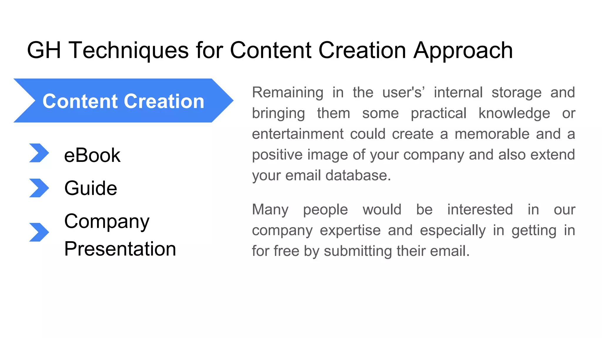 GH Techniques for Content Creation Approach
Remaining in the user's’ internal storage and
bringing them some practical knowledge or
entertainment could create a memorable and a
positive image of your company and also extend
your email database.
Many people would be interested in our
company expertise and especially in getting in
for free by submitting their email.
Content Creation
eBook
Company
Presentation
Guide
 