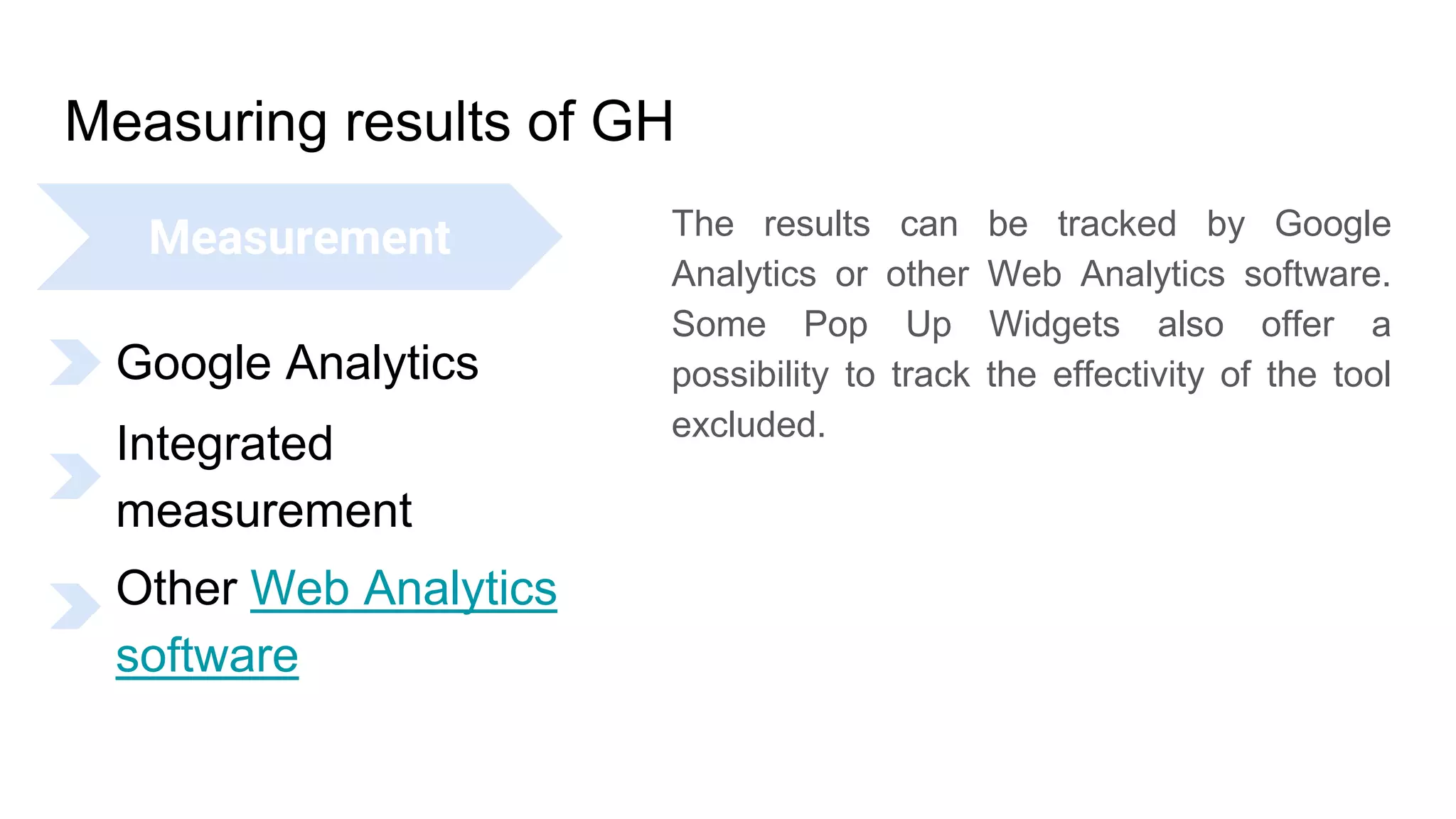 Measuring results of GH
The results can be tracked by Google
Analytics or other Web Analytics software.
Some Pop Up Widgets also offer a
possibility to track the effectivity of the tool
excluded.
Measurement
Google Analytics
Integrated
measurement
Other Web Analytics
software
 