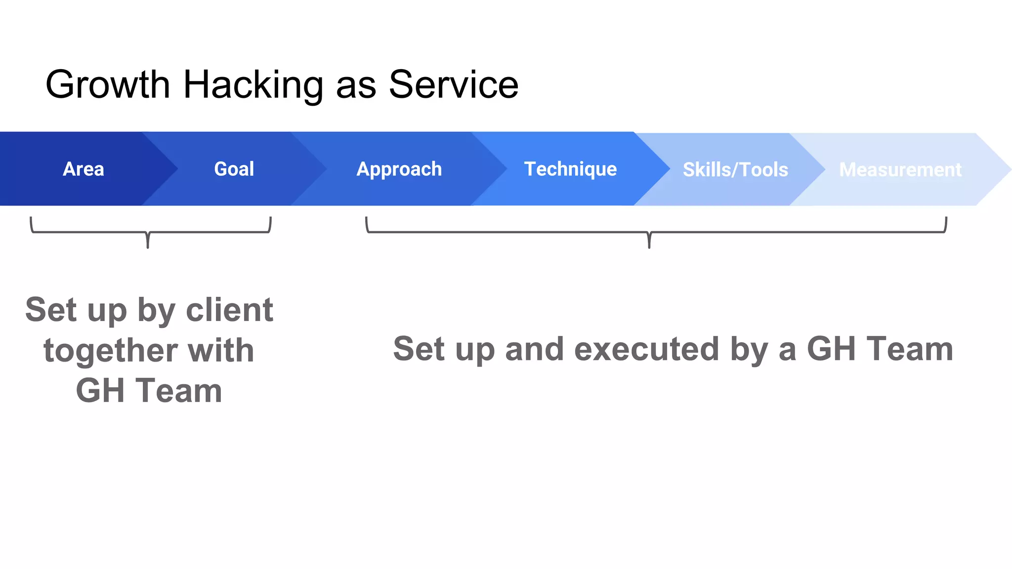 Growth Hacking as Service
Area Approach Skills/ToolsGoal Technique Measurement
Set up by client
together with
GH Team
Set up and executed by a GH Team
 