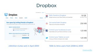 Dropbox
2.8million invites sent in April 2010! 100k to 4mio users from 2008 to 2010!
 