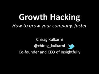 Growth Hacking
How to grow your company, faster
Chirag Kulkarni
@chirag_kulkarni
Co-founder and CEO of Insightfully
 