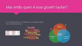 Mas então quem é esse growth hacker?
É um hibrido entre um marketeiro e um programador.
Tem conhecimento em:
 