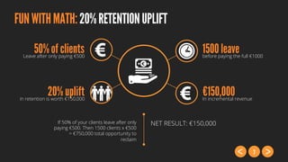 7
FUNWITHMATH:20%RETENTIONUPLIFT
50% of clientsLeave after only paying €500
20% upliftin retention is worth €150,000
1500 leavebefore paying the full €1000
€150,000In incremental revenue
If 50% of your clients leave after only
paying €500. Then 1500 clients x €500
= €750,000 total opportunity to
reclaim
NET RESULT: €150,000
 