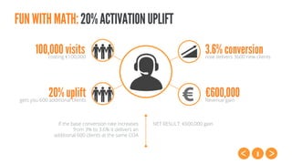 8
FUNWITHMATH:20%ACTIVATIONUPLIFT
100,000 visitscosting €100,000
20% upliftgets you 600 additional clients
3.6% conversionnow delivers 3600 new clients
€600,000Revenue gain
If the base conversion rate increases
from 3% to 3.6% it delivers an
additional 600 clients at the same COA
NET RESULT: €600,000 gain
 