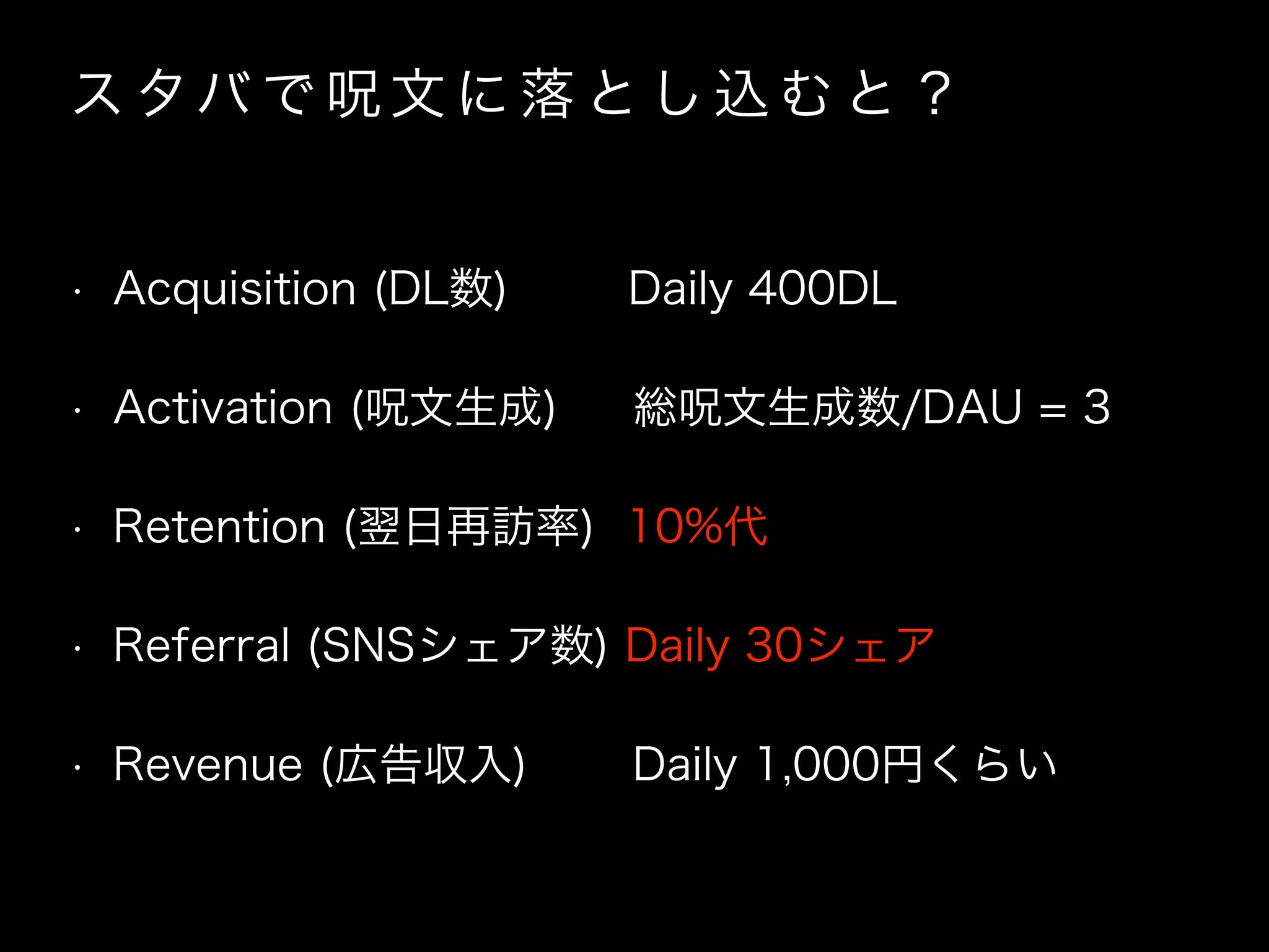 ス タバ で 呪 文 に 落 と し 込 む と ？
• Acquisition (DL数) Daily 400DL
• Activation (呪文生成) 総呪文生成数/DAU = 3
• Retention (翌日再訪率) 10%代
• Referral (SNSシェア数) Daily 30シェア
• Revenue (広告収入)   Daily 1,000円くらい
 