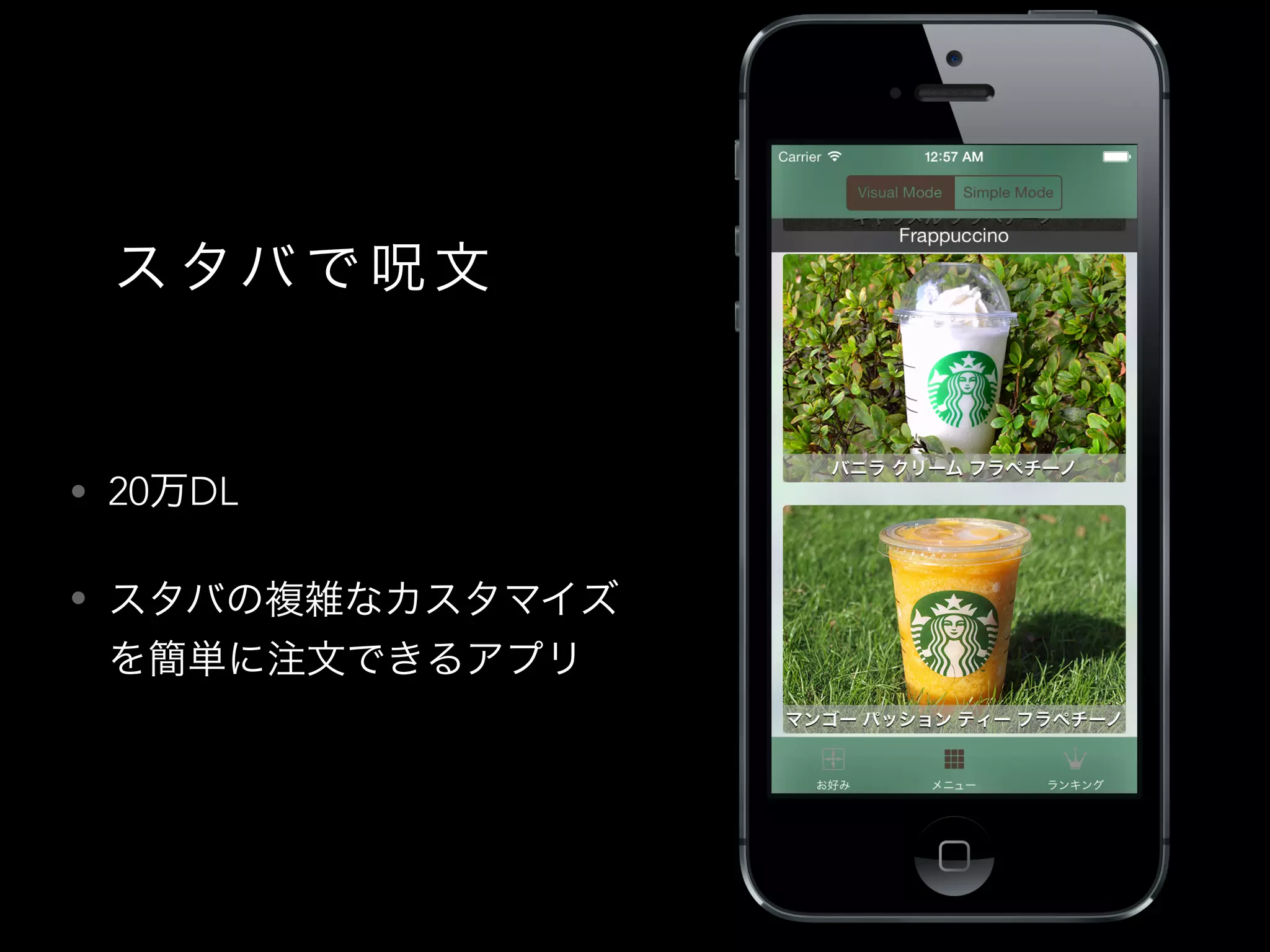 ス タバ で 呪 文
• 20万DL
• スタバの複雑なカスタマイズ
を簡単に注文できるアプリ
 