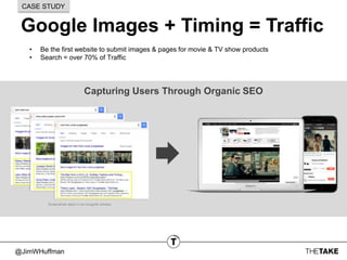 @JimWHuffman
Google Images + Timing = Traffic
CASE STUDY
Capturing Users Through Organic SEO
Screenshots taken in an incognito window
• Be the first website to submit images & pages for movie & TV show products
• Search = over 70% of Traffic
 