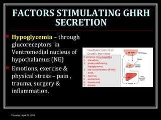 FACTORS STIMULATING GHRH
SECRETION
 Hypoglycemia – through
glucoreceptors in
Ventromedial nucleus of
hypothalamus (NE)
 Emotions, exercise &
physical stress – pain ,
trauma, surgery &
inflammation.
Thursday, April 26, 2018
 
