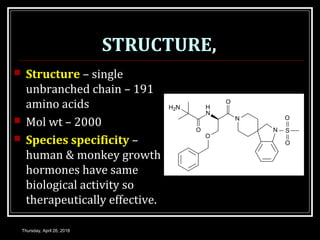 STRUCTURE,
 Structure – single
unbranched chain – 191
amino acids
 Mol wt – 2000
 Species specificity –
human & monkey growth
hormones have same
biological activity so
therapeutically effective.
Thursday, April 26, 2018
 