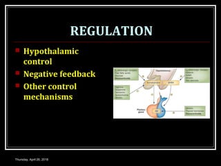 REGULATION
 Hypothalamic
control
 Negative feedback
 Other control
mechanisms
Thursday, April 26, 2018
 