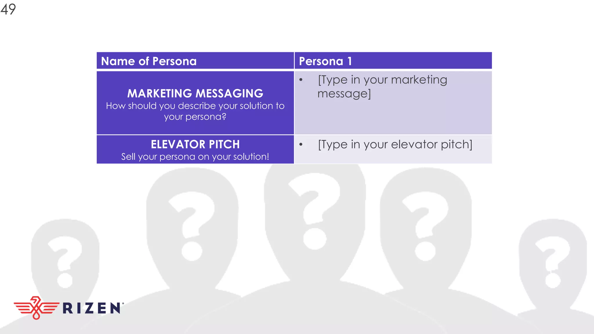 Name of Persona Persona 1
MARKETING MESSAGING
How should you describe your solution to
your persona?
• [Type in your marketing
message]
ELEVATOR PITCH
Sell your persona on your solution!
• [Type in your elevator pitch]
49
 