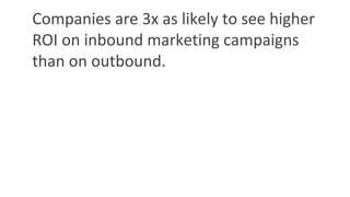 Companies are 3x as likely to see higher
ROI on inbound marketing campaigns
than on outbound.
 