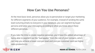 How Can You Use Personas?
At the most basic level, personas allow you to personalize or target your marketing
for different segments of your audience. For example, instead of sending the same
lead nurturing emails to everyone in your database, you can segment by buyer
persona and tailor your messaging according to what you know about those
different personas.
If you take the time to create negative personas, you’ll have the added advantage of
being able to segment out the “bad apples” from the rest of your contacts, which
can help you achieve a lower cost-per-lead and cost-per-customer (and see higher
sales productivity).
35
 