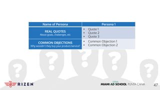 Name of Persona Persona 1
REAL QUOTES
About goals, challenges, etc
• Quote 1
• Quote 2
• Quote 3
COMMON OBJECTIONS
Why wouldn’t they buy your product/service?
• Common Objection 1
• Common Objection 2
47
 