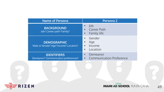 Name of Persona Persona 2
BACKGROUND
Job? Career path? Family?
• Job
• Career Path
• Family life
DEMOGRAPHIC
Male or female? Age? Income? Location?
• Gender
• Age
• Income
• Location
IDENTIFIERS
Demeanor? Communication preferences?
• Demeanor
• Communication Preference
49
 