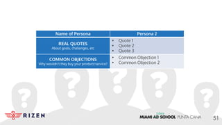 Name of Persona Persona 2
REAL QUOTES
About goals, challenges, etc
• Quote 1
• Quote 2
• Quote 3
COMMON OBJECTIONS
Why wouldn’t they buy your product/service?
• Common Objection 1
• Common Objection 2
51
 