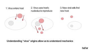 Holler Australia. Big reactions, Simple Interactions.
Understanding“virus”originsallowustounderstandmechanics
1.Virusentershost 2.Virususeshost’s
nucleolustoreproduce
3.Newviralcellsfind
newhost
 