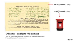 Holler Australia. Big reactions, Simple Interactions.
Chainletter–theoriginalviralmechanic
1935 the first money chain letter appeared, the infamous “send-a-dime”
It flooded the world w/in a few months
Virus(product)-letter
Host(channel)-post
 