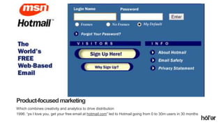 Holler Australia. Big reactions, Simple Interactions.
Product-focusedmarketing
Which combines creativity and analytics to drive distribution
1996: “ps I love you, get your free email at hotmail.com” led to Hotmail going from 0 to 30m users in 30 months
 