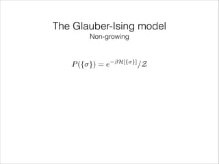 The Glauber-Ising model
Non-growing

P ({ }) = e

H[{ }]

/Z

 