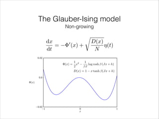 The Glauber-Ising model
Non-growing

dx
=
dt

0

(x) +

r

D(x)
⌘(t)
N

1 2
1
(x) = x
log cosh (Jx + h)
2
J
D(x) = 1 x tanh (Jx + h)

 