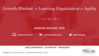 @MHWILLEKE | GROWTH MINDSET -> LEARNING ORGANISATION -> AGILITY
Growth Mindset -> Learning Organisation-> Agility
MARIAN WILLEKE, PHD
MHWILLEKE.COM /IN/MARIANWILLEKE @MHWILLEKE
AGILE CONFERENCE - ATLANTA GA - #AGILE2016
 