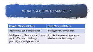WHAT IS A GROWTH MINDSET?
Growth Mindset Beliefs Fixed Mindset Beliefs
Intelligence can be developed Intelligence is a fixed trait
Intelligence is like a muscle. If you
put in effort and challenge
yourself, you will get smarter
It is like the color of your eyes,
which cannot be changed
 