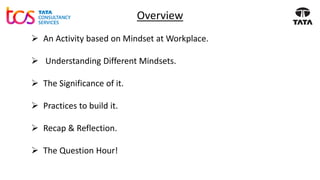 Overview
➢ An Activity based on Mindset at Workplace.
➢ Understanding Different Mindsets.
➢ The Significance of it.
➢ Practices to build it.
➢ Recap & Reflection.
➢ The Question Hour!
 