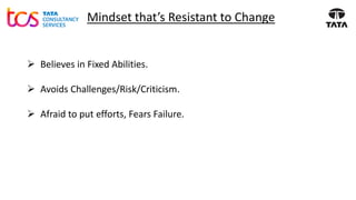 Mindset that’s Resistant to Change
➢ Believes in Fixed Abilities.
➢ Avoids Challenges/Risk/Criticism.
➢ Afraid to put efforts, Fears Failure.
 