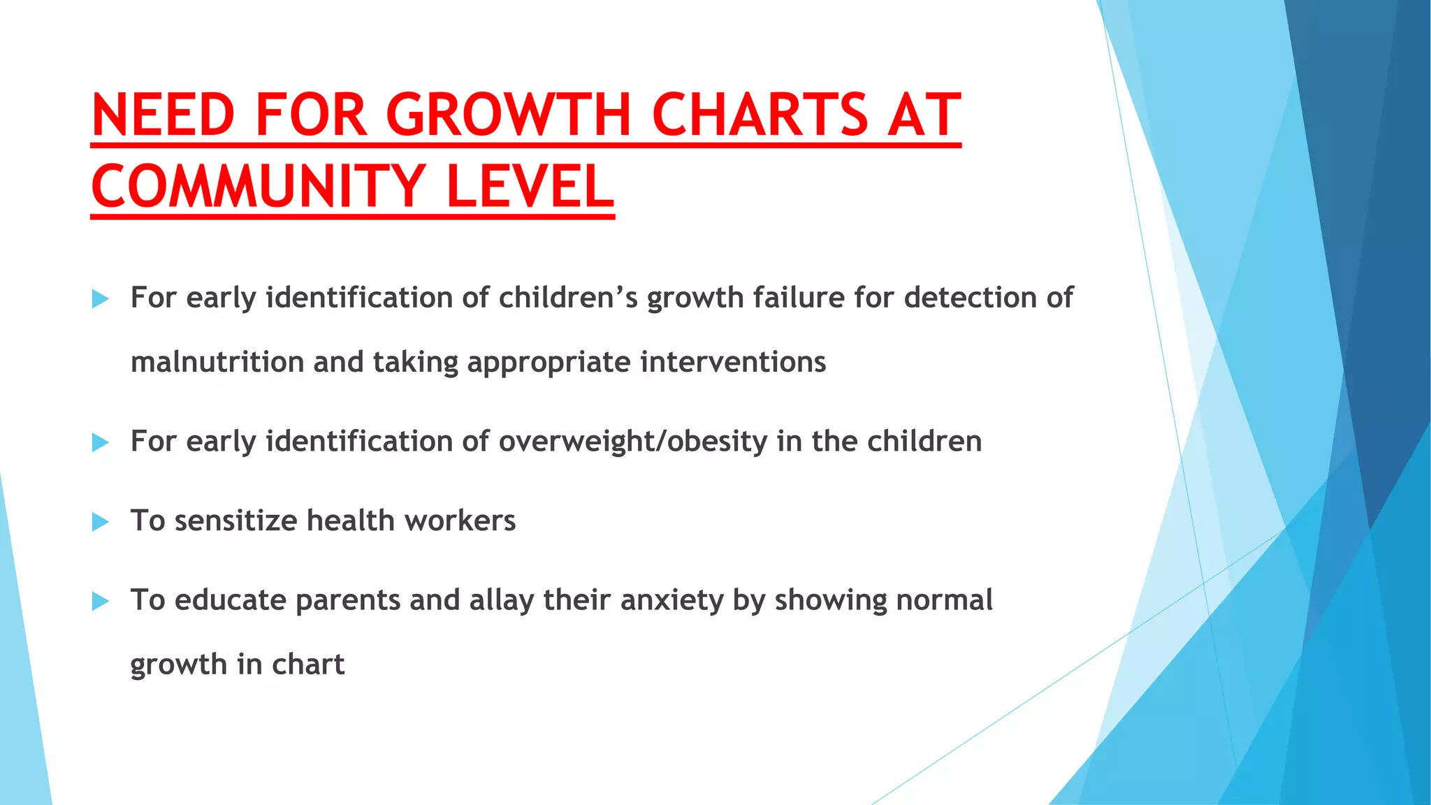 NEED FOR GROWTH CHARTS AT
COMMUNITY LEVEL
 For early identification of children’s growth failure for detection of
malnutrition and taking appropriate interventions
 For early identification of overweight/obesity in the children
 To sensitize health workers
 To educate parents and allay their anxiety by showing normal
growth in chart
 