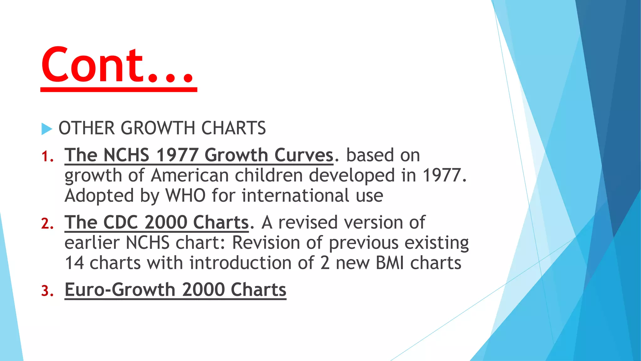 Cont...
 OTHER GROWTH CHARTS
1. The NCHS 1977 Growth Curves. based on
growth of American children developed in 1977.
Adopted by WHO for international use
2. The CDC 2000 Charts. A revised version of
earlier NCHS chart: Revision of previous existing
14 charts with introduction of 2 new BMI charts
3. Euro-Growth 2000 Charts
 