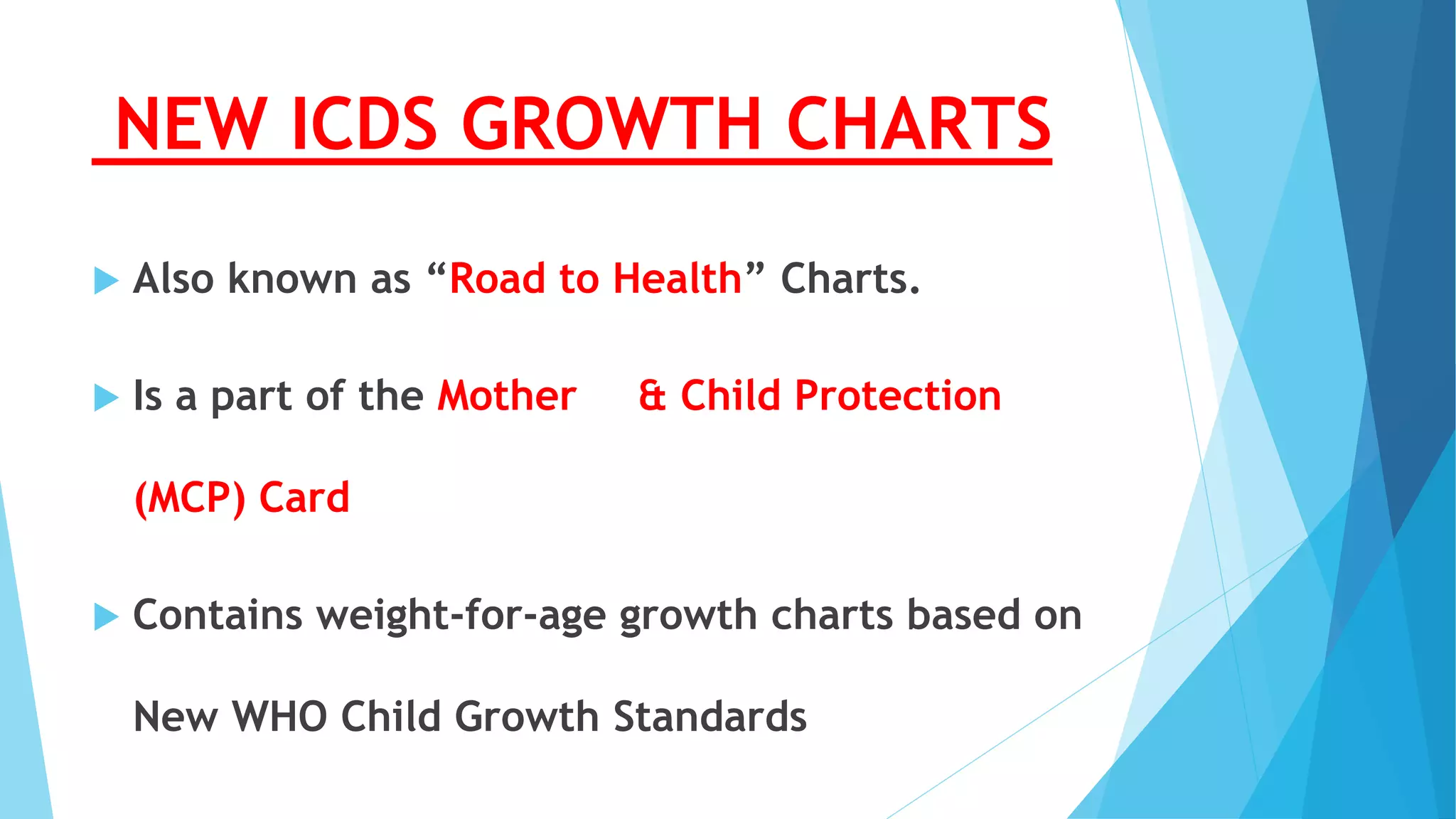 NEW ICDS GROWTH CHARTS
 Also known as “Road to Health” Charts.
 Is a part of the Mother & Child Protection
(MCP) Card
 Contains weight-for-age growth charts based on
New WHO Child Growth Standards
 