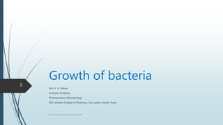 Growth of bacteria
Mrs. V. A. Warad
Assistant Professor
Pharmaceutical Microbiology
PES, Modern College of Pharmacy, (for Ladies), Moshi, Pune
Microbiology/Bacterial growth/VAW
1
 