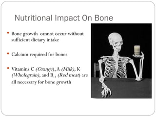 Bone growth  cannot occur without sufficient dietary intake Calcium required for bones  Vitamins C  (Orange ), A  (Milk),  K  (Wholegrain),  and B 12   (Red meat ) are all necessary for bone growth Nutritional Impact On Bone 